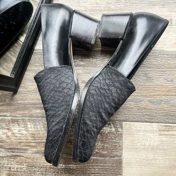 VTG 90s Gothic chic Italian square toe black fabric & leather chunky heels • 7.5 - Picture 7 of 16